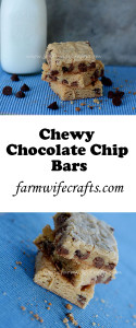 These chewy chocolate chip cookie bars is the perfect cookie to enjoy with a cold glass of milk.