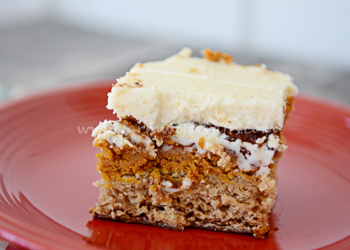 This pumpkin snickerdoodle cake is perfect for Thanksgiving dinners.