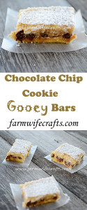 These chocolate chip cookie gooey bars definitely live up to their name. The perfect amount of chocolate chips make this a great twist on the favorite chocolate chip cookie.