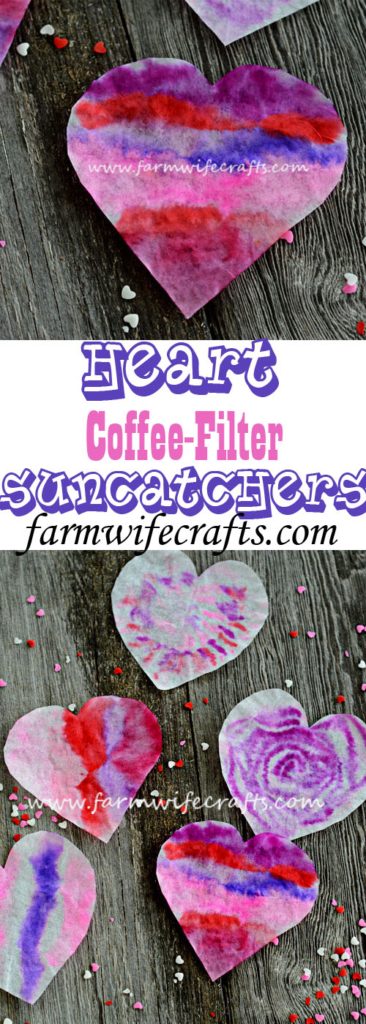 These coffee filter heart suncatchers are simple and easy to make. The bright colors look great in the window.