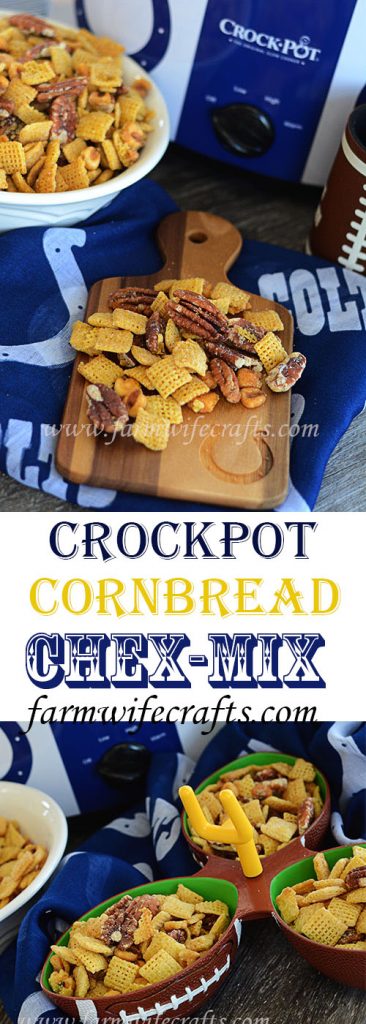 The temperatures are dropping and that can only mean one thing, harvest is almost here:)!!!  Oh wait, and football season!!!  This recipe if Crockpot Cornbread Chex-Mix is perfect for your next tailgate of football party.