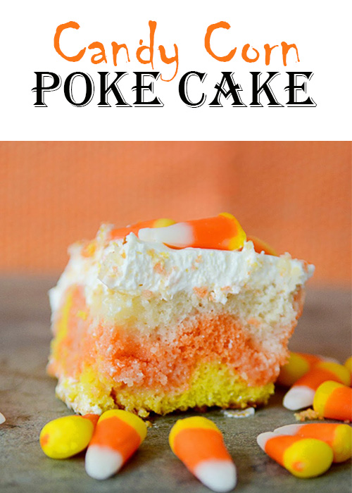 Wow your little goblins this Halloween with this easy to make Candy Corn Poke Cake.  It only takes 5 ingredients and is so simple to make, but everyone will think you worked your tail off creating this masterpiece!