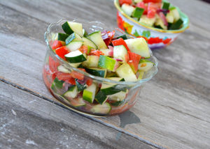 There's nothing like the fresh taste a salad that comes straight from the garden.  This Tomato Cucumber Salad tastes great all year long, especially when the main ingredients come straight from your very own garden!