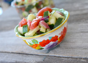 There's nothing like the fresh taste a salad that comes straight from the garden.  This Tomato Cucumber Salad tastes great all year long, especially when the main ingredients come straight from your very own garden!