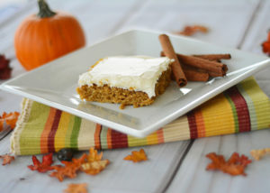 It's starting to feel like Fall and that means all things PUMPKIN!  These Pumpkin Bars with Cream Cheese Frosting are the perfect Fall dessert!