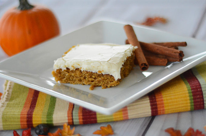 It's starting to feel like Fall and that means all things PUMPKIN! These Pumpkin Bars with Cream Cheese Frosting are the perfect Fall dessert!