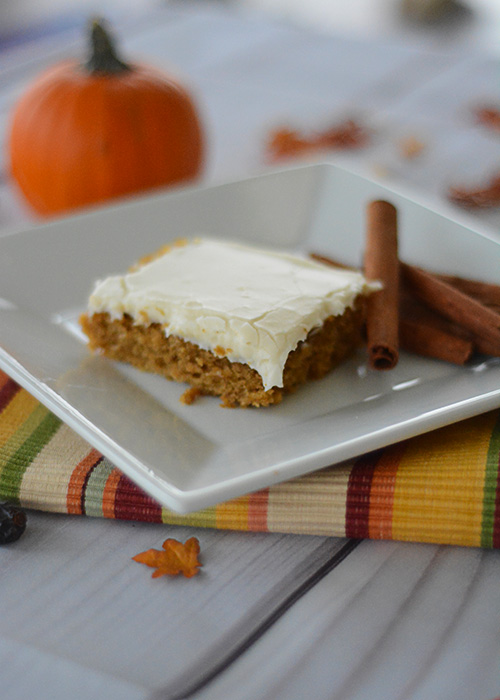 It's starting to feel like Fall and that means all things PUMPKIN!  These Pumpkin Bars with Cream Cheese Frosting are the perfect Fall dessert!